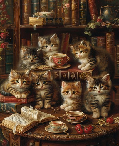 Kittens library table - at, among